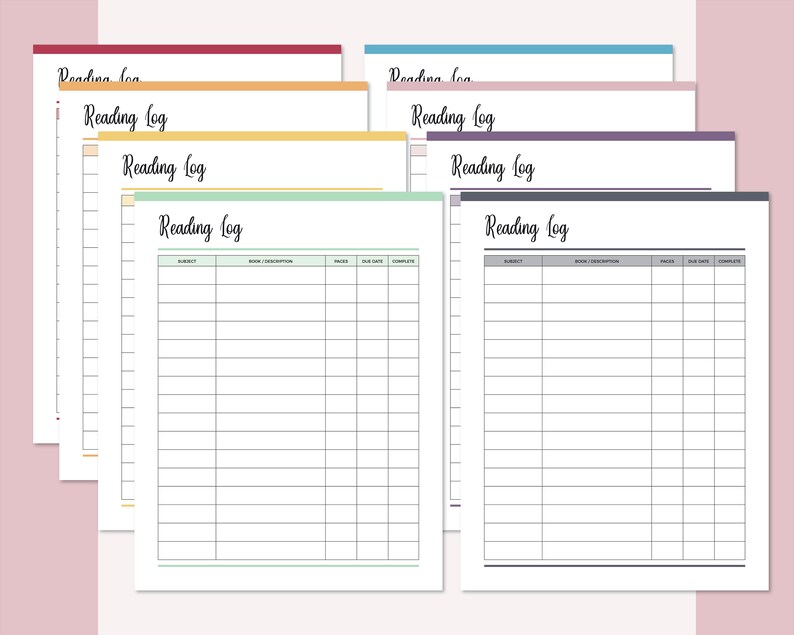 May include: A set of six printable reading logs in different colors: burgundy, orange, yellow, green, pink, and gray. Each log has a title that says "Reading Log" and includes columns for subject, book description, pages, due date, and complete.