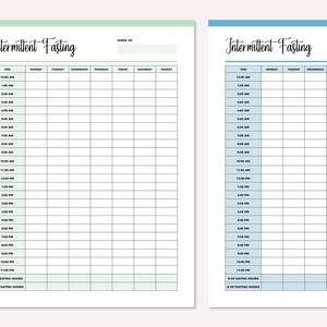 May include: Two printable intermittent fasting trackers. The left tracker is on a green background and the right tracker is on a blue background. Both trackers have a daily schedule from 12:00 AM to 11:00 PM with columns for each day of the week. The trackers also have sections for recording the number of eating hours and fasting hours.