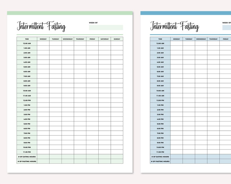 May include: Two printable intermittent fasting trackers. The left tracker is on a green background and the right tracker is on a blue background. Both trackers have a daily schedule from 12:00 AM to 11:00 PM with columns for each day of the week. The trackers also have sections for recording the number of eating hours and fasting hours.