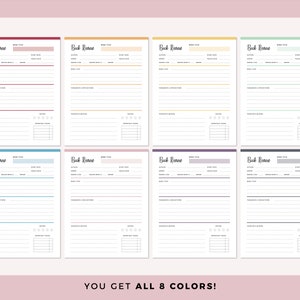 Grid showing all 8 color variations of the book review template in red, orange, yellow, green, blue, pink, purple, and grey, each with identical layout sections for tracking reading details and book information.