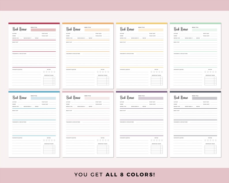 Grid showing all 8 color variations of the book review template in red, orange, yellow, green, blue, pink, purple, and grey, each with identical layout sections for tracking reading details and book information.