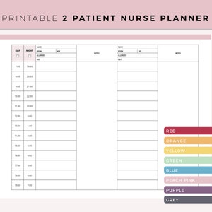 May include: Printable patient nurse planner with a daily schedule from 7:00 AM to 7:00 PM and a corresponding night schedule from 7:00 PM to 7:00 AM. The planner includes space for patient name, room number, age, allergies, diet, and notes. The planner also includes a color key with the following colors: red, orange, yellow, green, blue, peach pink, purple, and grey.