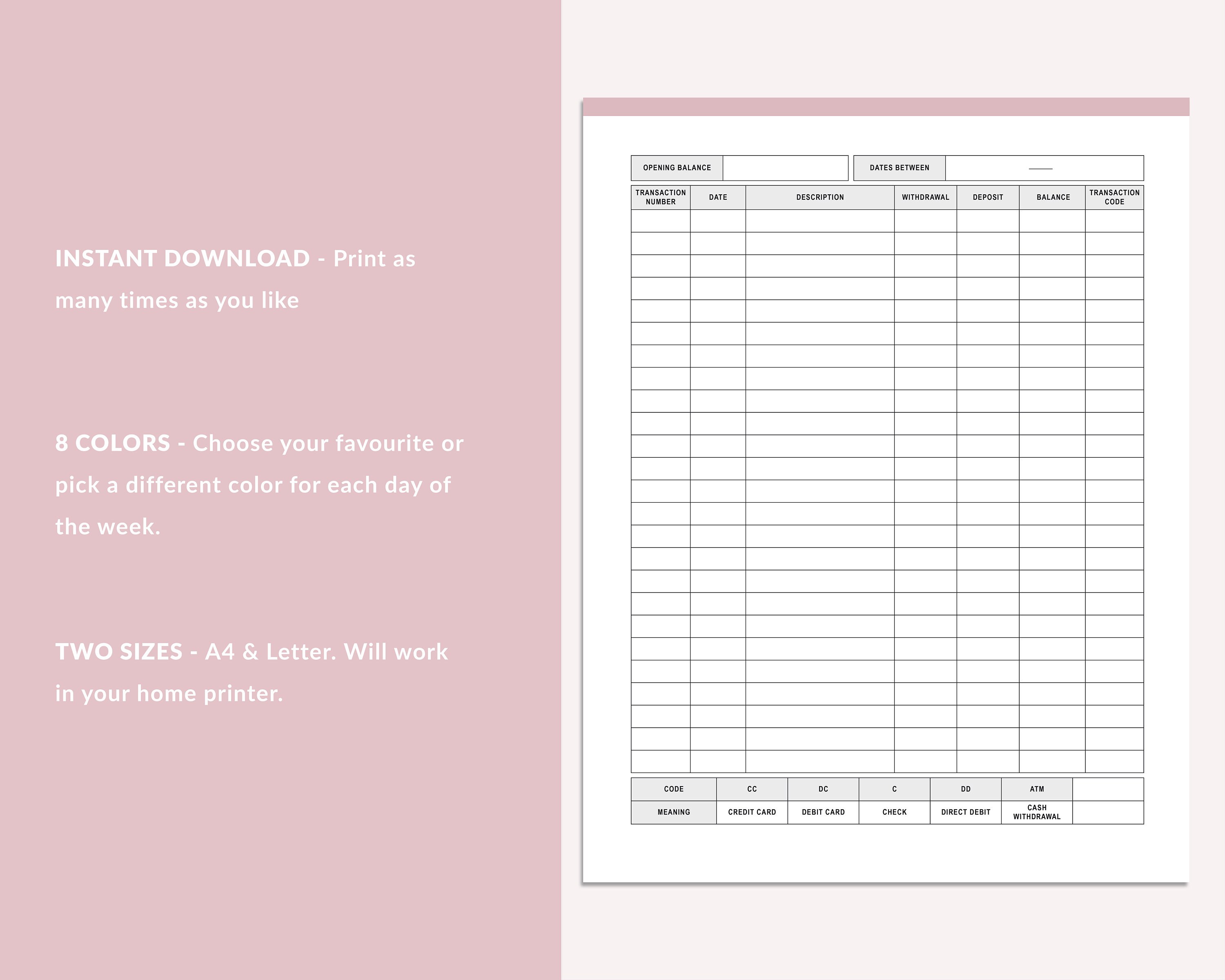 Printable Check Book Balance Log Print at Home Expenses | Etsy