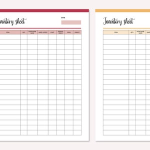 May include: Two printable inventory sheets with a light pink and light orange background. The sheets are divided into columns with headings for item, quantity, purchase date, date listed, cost, resale price, fees, and profit.