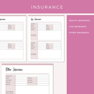 Emergency binder insurance section containing printable health insurance, life insurance, and other insurance information forms with fields for policy details, beneficiary information, and agent contact data.