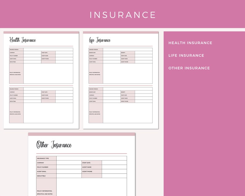 Emergency binder insurance section containing printable health insurance, life insurance, and other insurance information forms with fields for policy details, beneficiary information, and agent contact data.