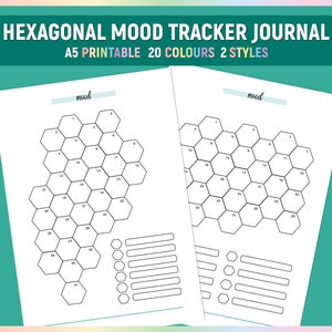 May include: Two printable A5 mood tracker journal pages with hexagonal grids. Each page has a "mood" title and 31 numbered hexagons. The left page has a section for notes with blank lines and circles.