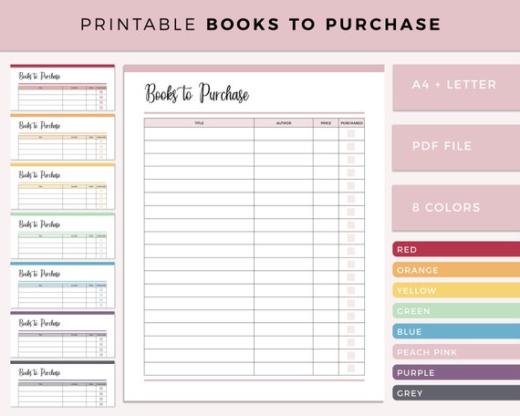 books to read printable, A4 reading planner insert, 8.5x11 books to purchase, avid reading planner, book buying tracker, future reading list