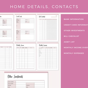Emergency binder finance section with printable pages for bank information, credit card details, bill checklist, asset list, monthly income overview, monthly expenses, and other investments tracking.