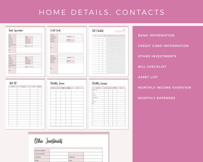 Emergency binder finance section with printable pages for bank information, credit card details, bill checklist, asset list, monthly income overview, monthly expenses, and other investments tracking.