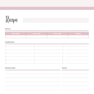 K&ouml;nnte beinhalten: Eine druckbare Rezeptvorlage mit Abschnitten f&uuml;r Details, Zutaten, Anweisungen und Notizen. Die Vorlage hat ein rosa-wei&szlig;es Farbschema.
