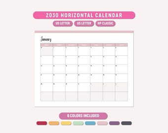 Druckbarer Kalender 2030 Querformat, horizontaler Wandkalender, Jahreskalender 2030, das Jahr auf einen Blick, A4/Letter/Happy Planner, druckbares PDF
