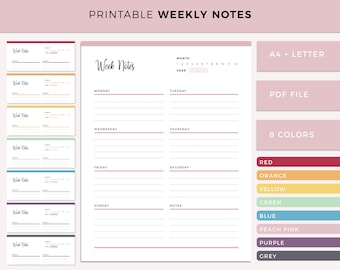 Printable Weekly Notes, week notes planner insert, notes checklist, Instant Download, Planner templates, Organizer, A4 and Letter size