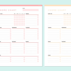May include: Two printable chore charts with a pink and a yellow color scheme. The charts are divided into sections for "Every Day", "Monday", "Tuesday", "Wednesday", "Thursday", "Friday", "Saturday", "Sunday", and "Other". Each section has a space for a name and a list of chores.