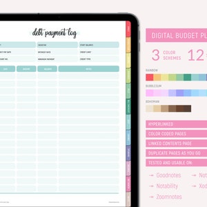 May include: A digital budget planner with 12 sections and 3 colour schemes: rainbow, bubblegum, and bohemian. The planner is hyperlinked and colour-coded. It is compatible with Goodnotes, Noteshelf, Notability, Xodo, and Zoomnotes.