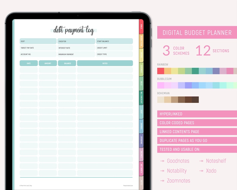Digital finance planner displayed on tablet showing debt payment log with columns for debt, creditor, start balance, target pay date, interest rate, credit limit, account number, minimum payment, and credit type, alongside feature highlights including 3 color schemes, 12 sections, and compatibility with Goodnotes, Notability, Noteshelf, and Xodo.