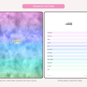Finance planner cover with gradient watercolor background in purple, pink, and teal tones labeled 'finance planner' alongside a hyperlinked contents page listing sections including savings goals, budget plan, income, expenses, bills, bill checklist, debt payment, weekly savings, weekly spending, bank balance, and net worth.