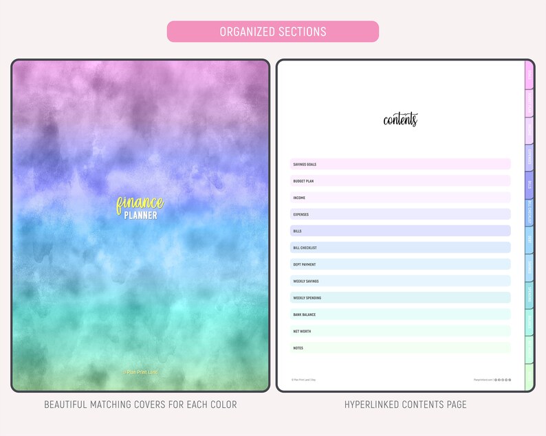 Finance planner cover with gradient watercolor background in purple, pink, and teal tones labeled 'finance planner' alongside a hyperlinked contents page listing sections including savings goals, budget plan, income, expenses, bills, bill checklist, debt payment, weekly savings, weekly spending, bank balance, and net worth.