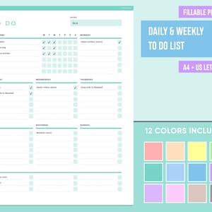 Peut inclure: Une liste de choses à faire imprimable avec un fond bleu sarcelle et une section bleu clair pour les tâches quotidiennes et hebdomadaires. La liste comprend des sections pour chaque jour, mardi, mercredi, jeudi, vendredi, samedi, dimanche et autres. La liste est intitulée "Liste de choses à faire quotidienne et hebdomadaire" et "A4 + US Letter".