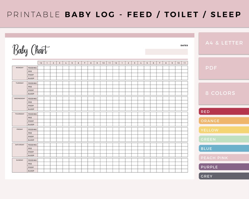 May include: Printable baby log chart with a grid for tracking feeding, pee, poop, and sleep times. The chart is labeled with days of the week and times from 12 am to 11 pm. The chart is available in A4 and letter sizes and in 8 colors: red, orange, yellow, green, blue, peach pink, purple, and grey.