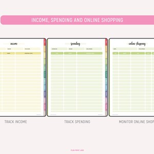 Income tracker in yellow, spending tracker in green, and online shopping tracker in light green, each displaying data entry columns and rows for monitoring financial activity across the three tracking categories.