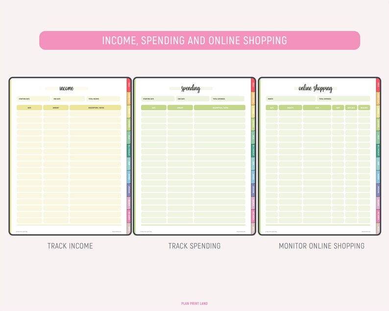 Income tracker in yellow, spending tracker in green, and online shopping tracker in light green, each displaying data entry columns and rows for monitoring financial activity across the three tracking categories.