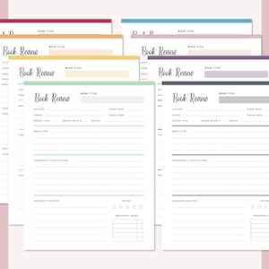 Stacked book review template pages in multiple colors demonstrating the depth and variety of the printable template design with overlapping sheets showing consistent formatting across color options.