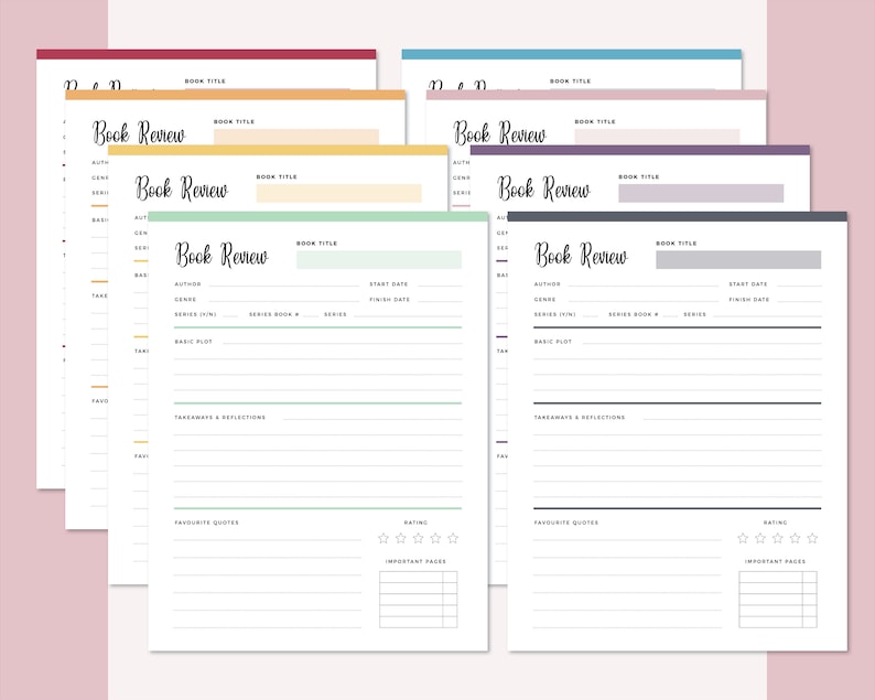Stacked book review template pages in multiple colors demonstrating the depth and variety of the printable template design with overlapping sheets showing consistent formatting across color options.