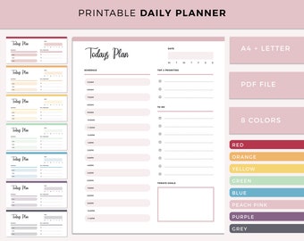 Day Planner Printable, Print at home daily planner, 1 hour sections, todays plan template, priority planner, A4 and letter size