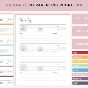 Könnte beinhalten: Druckbare Co-Parenting-Telefonprotokollvorlage in 8 Farben: Rot, Orange, Gelb, Grün, Blau, Pfirsichrosa, Lila und Grau. Die Vorlage enthält Abschnitte für Kind, Kontakt initiiert von, Zeit, Kontakt mit, Länge, Datum und Nachverfolgung. Die Vorlage ist in den Formaten A4 und Letter sowie im PDF-Format verfügbar.