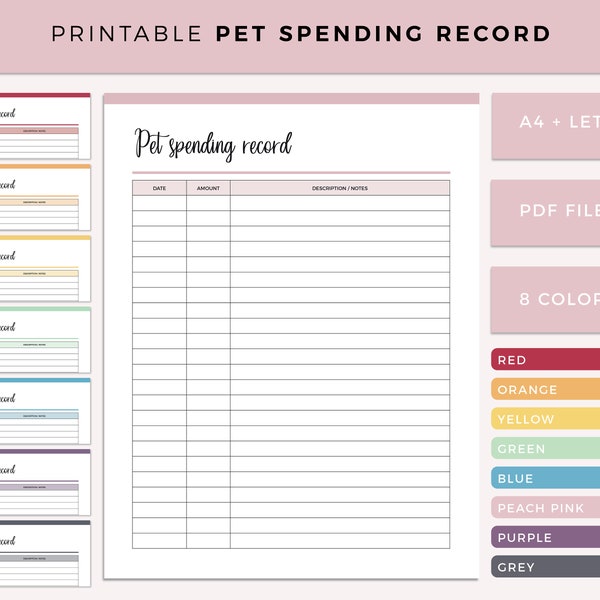 Printable Pet Spending Record, Dog Finance, Pet Finance, Pet Expense Tracker, Expense Record, A4 and US Letter Size