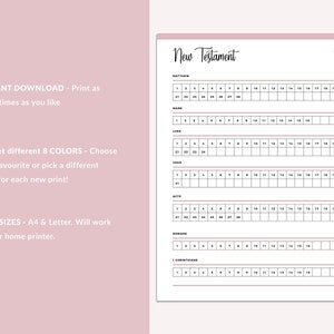May include: Printable New Testament reading log with a black and white design. The log includes a list of books in the New Testament with numbered chapters for each book. The text "New Testament" is written in a cursive font at the top of the page.