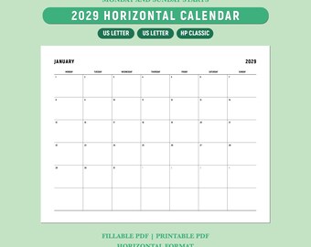 Druckbarer Kalender 2029, Monatskalender 2029, Horizontaler Querformatkalender, Kalender 2029, A4/Letter/Happy Planner, ausfüllbares PDF