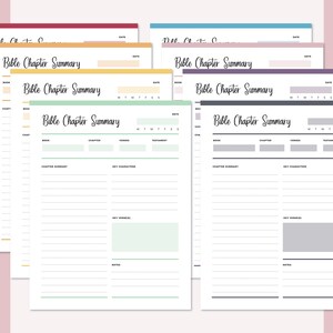 Overlapping stack of Bible study sheets in multiple colors including yellow, green, purple, and grey, displaying the full chapter summary template with writing lines and highlighted sections for comprehensive scripture annotation.