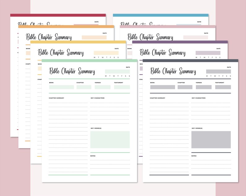 Overlapping stack of Bible study sheets in multiple colors including yellow, green, purple, and grey, displaying the full chapter summary template with writing lines and highlighted sections for comprehensive scripture annotation.