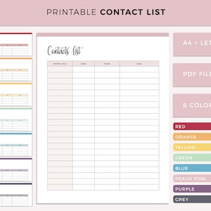 Contact List Printable, Print at Home Address Book Insert, Simple A4 and Letter size phone and email contact sheet, easy search address log