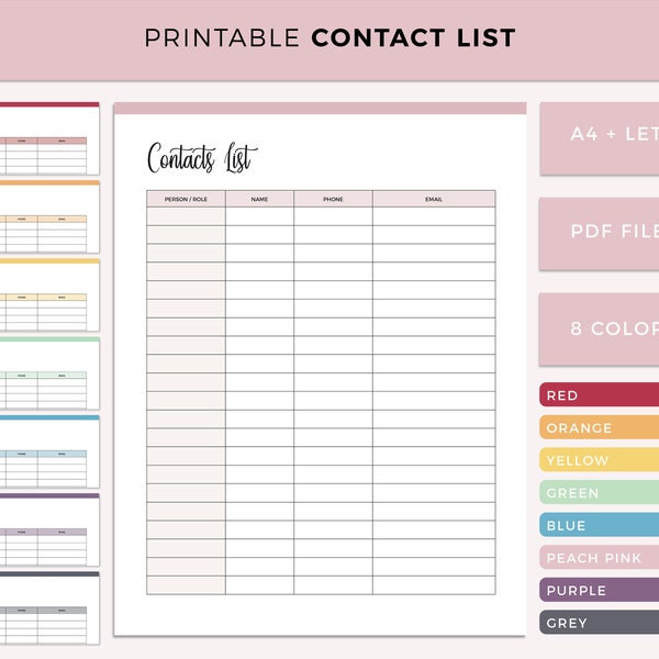 Contact List Printable, Print at Home Address Book Insert, Simple A4 and Letter size phone and email contact sheet, easy search address log