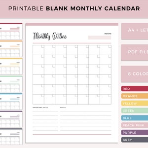 Calendario en blanco imprimible, organizador mensual para imprimir en casa, inserto del planificador de esquema mensual, plantilla de planificación coloreada, tamaño A4 y Carta