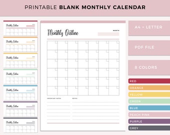 Printable blank calendar, print at home monthly organizer, month outline planner insert, coloured planning template, A4 and Letter size