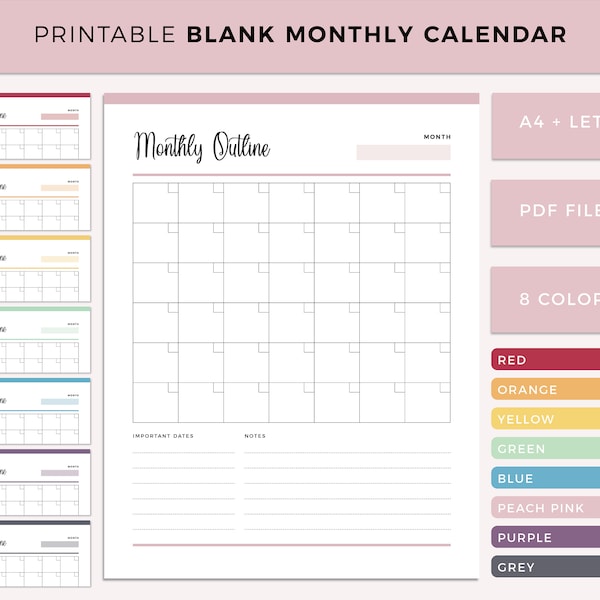Printable blank calendar, print at home monthly organizer, month outline planner insert, coloured planning template, A4 and Letter size