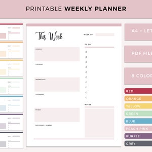 May include: Printable weekly planner template in eight different colors: red, orange, yellow, green, blue, peach pink, purple, and grey. The planner includes sections for "This Week", "Week Of", "To Do", "Monday", "Tuesday", "Wednesday", "Thursday", "Friday", "Saturday/Sunday", and "Notes".