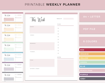 May include: Printable weekly planner template in eight different colours: red, orange, yellow, green, blue, peach pink, purple, and grey. The planner includes sections for "This Week", "Week Of", "To Do", "Monday", "Tuesday", "Wednesday", "Thursday", "Friday", "Saturday/Sunday", and "Notes".