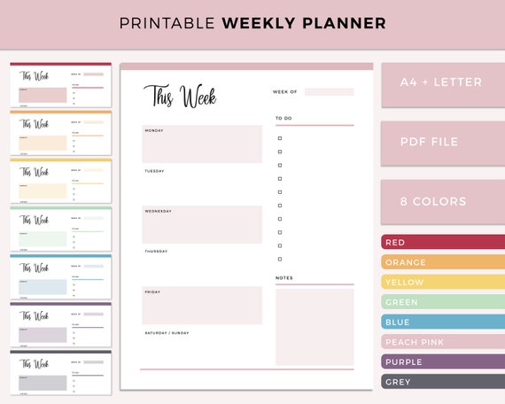 Printable Weekly Planner, week planner, weekly organizer, Instant Download, Planner templates, planning, A4 and Letter size