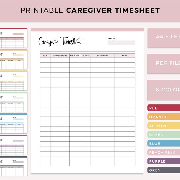 Printable Caregiver Timesheet, Home Health Care Time Sheet, Caregiver Schedule, Caregiver Hours, Home Care Shift, Home Aid Visit Time