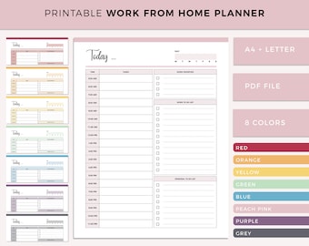 May include: Printable work from home planner with a daily schedule, to-do lists, and work priorities. The planner is available in eight colors: red, orange, yellow, green, blue, peach pink, purple, and grey. The planner is available in A4 and letter sizes and in PDF format.