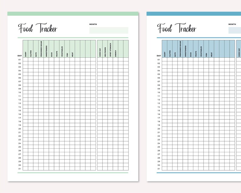 Op de afbeelding: Twee afdrukbare voedseltrackerpagina's. De linkerpagina is groen en de rechterpagina is blauw. Beide pagina's hebben een raster met kolommen voor dag, zuivel, noten, bewerkte suiker, zoetstoffen, eieren, fruit, groenten, vezels, vlees, goede koolhydraten, waterinname, slaap en energie.