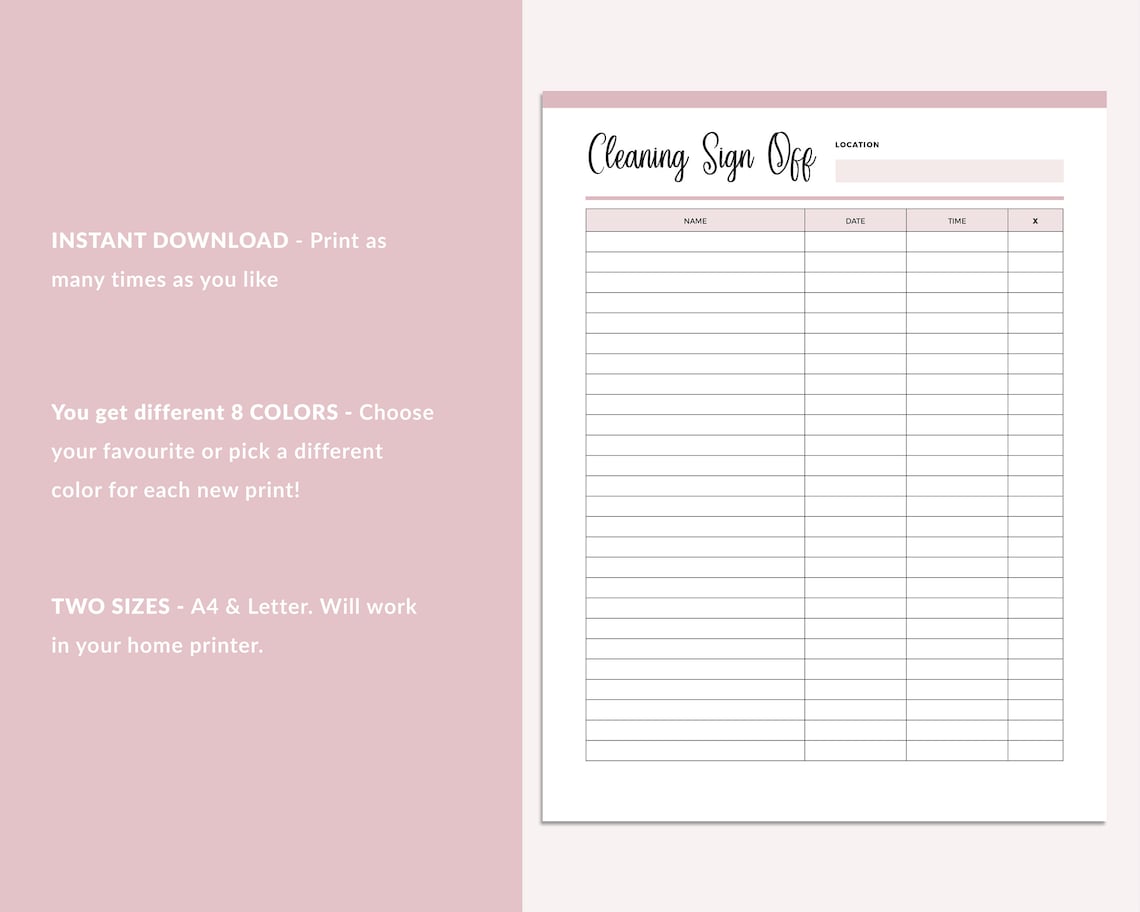 Printable Cleaning Signoff Sheet Restroom Cleaning Bathroom Etsy