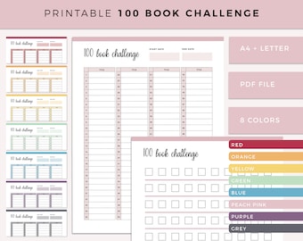May include: Printable 100 book challenge tracker with 8 color options. The tracker has a list of 100 books to read, with space to write the title and author. There are also checkboxes to mark off books as they are read.