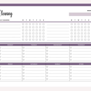 Purple daily cleaning checklist printable featuring the household cleaning schedule layout with daily task checklist rows and organized weekly sections divided by day of the week.