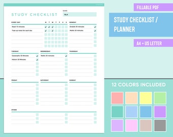 May include: A printable study checklist planner with a teal and white color scheme. The planner includes sections for every day, Tuesday, Wednesday, Thursday, Friday, Saturday, Sunday, and other. The planner also includes a section for 12 color options.